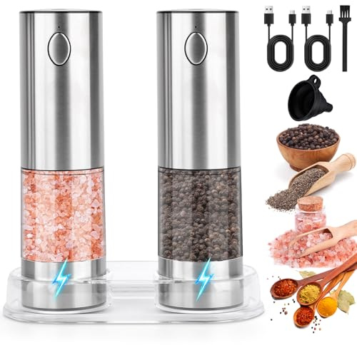 TAVADA Molinillo Pimienta Electrico,Juego de Molinillo Eléctrico de Sal y Pimienta a Pilas,Luz LED Blanca,Grosor Ajustable y Operación Automática con Una Sola Mano,Saleros de Cocina para BBQ y Hogar
