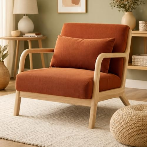 Sicaan Fauteuil Scandinave Vintage MARIE en Velours Côtelé Terracotta – Design Élégant avec Accoudoirs Courbés et Coussin Inclus – Fauteuil de Salon ou Chambre Style Rétro Chaleureux – 65 x 84 x 74 cm