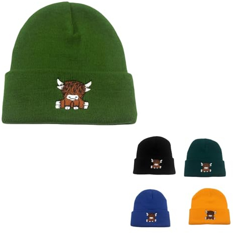 Kuisoe Schottisches Hochlandrind Kuh Mütze für Erwachsene - Warme Wintermütze Lustiger Alltag & Outdoor Look (Einheitsgröße,Grün)