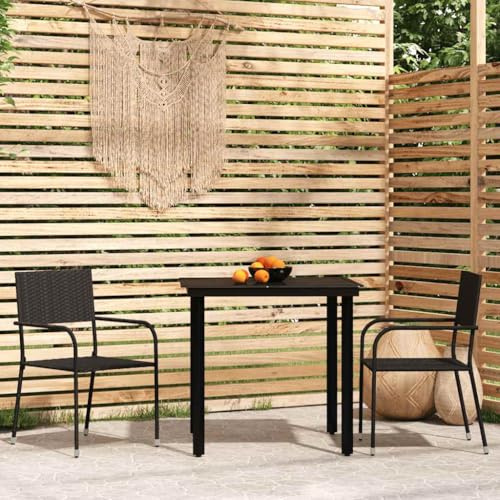 Owoxanthellate Gartenmöbel Set 3-TLG Schwarz 80x80 cm Glastisch stapelbare Rattanstühle wetterfest Modernes Design Robust für Balkon Terrasse und kleinen Garten