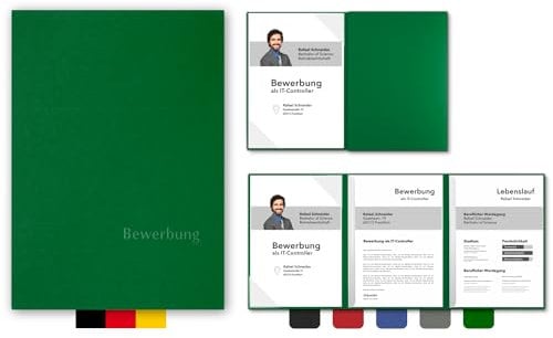 5 Stück 3-teilige Bewerbungsmappen BL-exclusivdruck® OPTIMA-plus in Blattgrün - Premium-Qualität mit edler Relief-Prägung 'Bewerbung' - Produkt-Design von 'Mario Lemani'