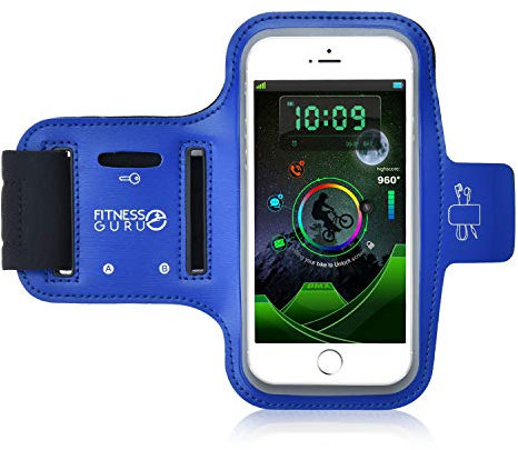 Fitness Guru Running Armband Phone Holder Compatible with iPhone X, 8, 7, 6 Samsung S9 and all Smartphones up to 5.2 inches | Phone Holder for Running, Jogging, Gym | Includes Key Holder & Earbuds Holder (Blue)