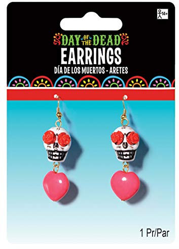 Amscan 843930-55 - Ohrringe Totenkopf, 2 Stück, Länge ca. 6 cm, mehrfarbig, Modeschmuck für Halloween und Karneval oder den Tag des Todes, Dia de los Muertos, Ohrhänger, Accessoire zu Kostümen