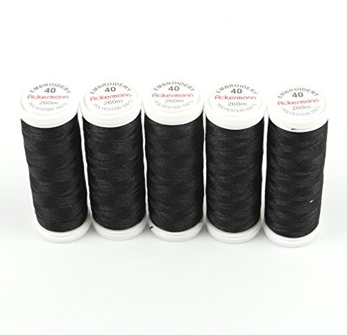 Ackermann® Embroidery (5X 260m) Maschinen STICKGARN, hochglänzendes und reißfestes Garn für die Näh- und Stickmaschine (2999 Schwarz)