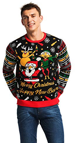 U LOOK UGLY TODAY Hässlicher Weihnachtspullover, Unisex Lustiger Chunky Fair Isle Gestrickter Festlicher Pullover für Party Das Gefühl von Rentier Felsen M