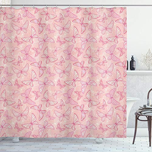 ABAKUHAUS Blassrosa Duschvorhang, Schmetterlinge, Stoffliches Gewebe Badezimmerdekorationsset mit Haken, 175 x 200 cm, Weißer Pfirsich und Rosa