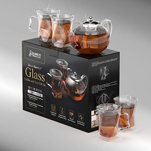 Elevate your Tea Time with our Clear Glass Teapot & Insulated Cup Set - Kettle w/Infuser for Stove Top & 4 Double Wall Teacups - Blooming Loose Leaf Teas