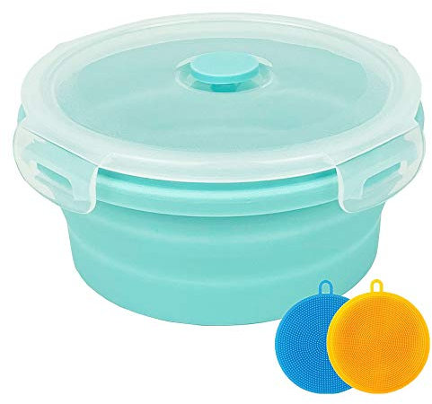 CARTINTS Petit bol pliable en silicone pour aliments - Bol de camping pliable pour voyage, camping, randonnée - Avec couvercles hermétiques en plastique et 2 éponges en silicone - Bleu - 350 ml