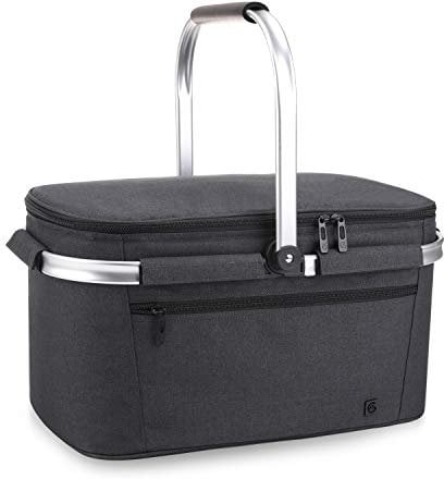 ALLCAMP Großer Picknickkorb, 32 l, Einkaufskorb, Einkaufstaschen, faltbar, isoliert, starker Aluminiumrahmen, Marktkorb (groß, tiefschwarz)