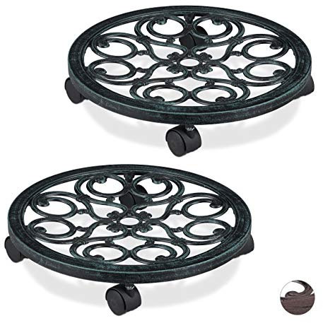 Relaxdays 2 x Pflanzenroller rund, Metall, Gefäßroller für innen & außen, antik, Ø 38 cm, Rolluntersetzer Blumentopf, grün