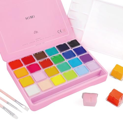 INK LAB HIMI Gouache Paint Kit 24 Vibrant Colors Non Toxic Paints Jelly Cup Design with Paint Brushes Palette Portable for Professional Artists, Rich Pigment, 30ml/Cup