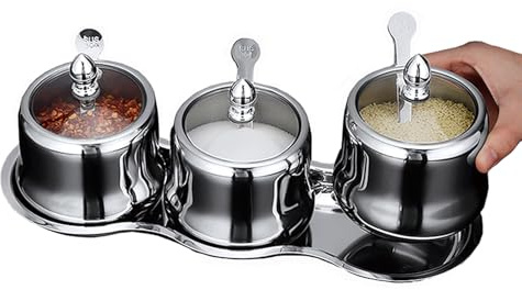 Tenta Tenta Gewürzdose für die Küche, 18/8 Edelstahl, Gewürzdose, Gewürzregal, Gewürzregal, Flasche, Salz, Pfeffer, Zucker, Aufbewahrungs-Organizer mit 3 Servierlöffeln (Glasdeckel)