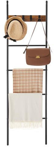 VASAGLE Blanket Ladder, 5-Tier Ladder Shelf, 17.3 x 63 Inches, Space-Saving Decorative Ladder with 4 Hooks, Metal Frame, Industrial Style, Rustic Brown and Black ULLS016B01