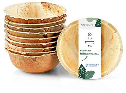 Wiseware Palmblatt Schale – 25 Stück Einweg-Schüssel rund Ø 15 cm 425 ml – biologisch abbaubares Palmblattgeschirr – kompostierbares Suppenschalen Set für Party, Buffet, Camping – Bio Einweggeschirr