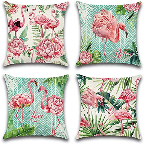 Artscope wasserdichte Kissenbezugen, 4er Set Flamingo und Rosa Blumen Kissenhülle Atmungsaktiv Kissen Fall für Patio Garten Bauernhaus Dekor 45x45CM