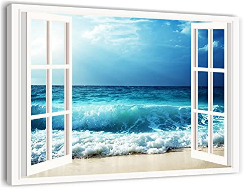 Quadri L&C ITALIA Quadro Mare e Finestra 1 - Stampa su Tela Canvas da Parete 100 x 70 con Paesaggio Marino per Soggiorno Camera da Letto Cucina Salotto Ufficio
