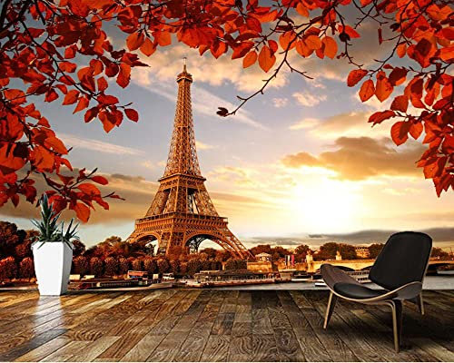 Frtmsticker Auto Adhésif Stickers 3D Muraux - Coucher De Soleil Tour Eiffel Motif - Papier Peint Murales Panoramique 3D Papier Peint Personnalisé Photo Murale Cafe Tv Fond Peinture Murale 140X70Cm