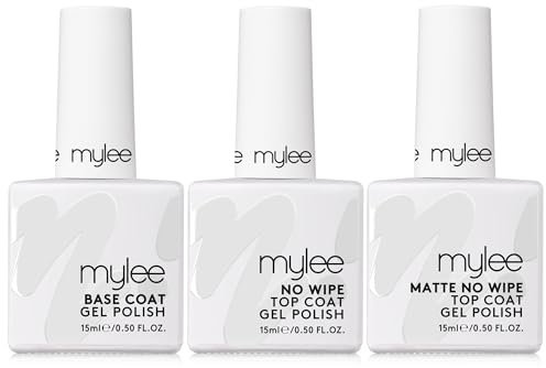 MYGEL by Mylee Nail Gel Polish Trio Set – Matte & No Wipe Top Coats + Base Coat, 3x15ml – UV/LED Soak-Off Nail Art Maniküre Pediküre Salon & Heimgebrauch – Hält bis zu 2 Wochen, Einfach anzuwenden