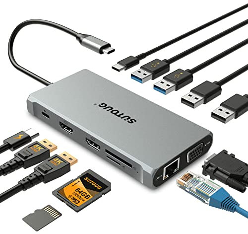 Hub USB C, Docking Station SUTOUG, Dongle adattatore USB C 12 in 1 con doppio HDMI 4K VGA 1080P 1000Mbps Ethernet PD 3.0 100W USB-C 3.0 Slot per scheda TF/SD Docking per laptop MacBook USB-C Laptop