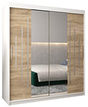 E- MEUBLES Armoire de Chambre avec 2 Portes coulissantes et Miroir Style Contemporain Penderie (Tringle) avec étagères (LxHxP): 180cmx200cmx62cm Maltese 1 (Blanc + Chêne Sonoma)