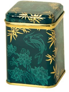 Oriental Koi Carp - Retro/Vintage Style Square Tea Caddy/Kitchen Storage Tin - Jade Green & Gold (50 g)