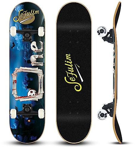 Sefulim 31 x 8 Zoll Komplettes Skateboard 7 Schichten kanadischer Ahorn Double Kick Deck Concave Cruiser Trick Skateboard für Jungen Mädchen Teens Erwachsene Anfänger