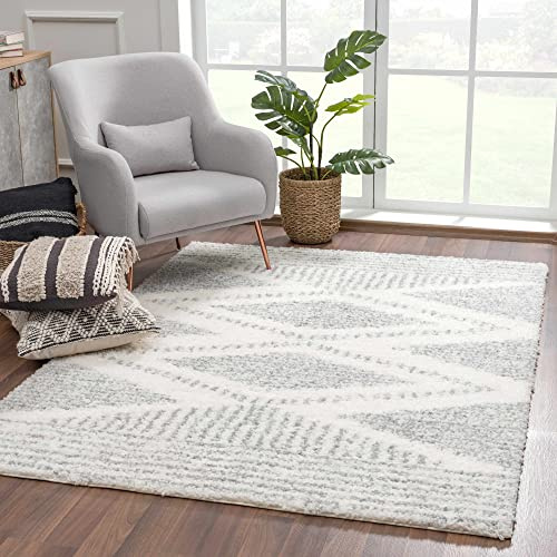 Hauteloom Winnebago Moroccan Farmhouse Living Room Bedroom Shaggy Area Rug - Bohemian Shag Rug - Plush High Pile - Southwestern Boho Soft Carpet - Grey, Off White, Beige - 6'7 x 9'