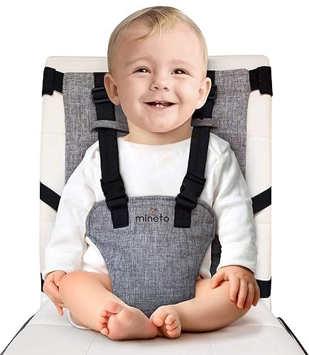 Mineto Chaise Nomade Bebe Portable Ultra-Légère, Harnais Sécurisé 3 Points, Rehausseur chaise enfant de voyage Facile à Transporter, Siege Bebe Assis de 6 Mois à 3 Ans, Lavable et Universel Gris