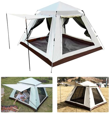 Tent with Porch for 2-3 Men,CEIEVER Camping Tent Waterproof Pop Up Tent Automatic Family Camping Tent Living Area with Awning for Traveling, Beach, Hiking, Outd (Off-white-210X210X135CM)