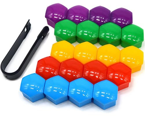 QitinDasen 20 Pièces 21 mm Voiture Roue Cache-Écrous, Bouchon à Vis de Moyeu de Voiture Universel, Cache-Écrou de Pneu Hexagonal avec Outil de Retrait (Rouge Jaune Bleu Vert Violet)