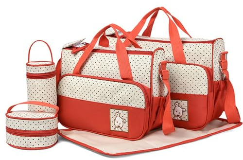 WOWEI 5er-Set Baby Wickeltasche Rucksack mit Multifunktions Babytasche Mama Wickelrucksäcke Baby Wickelumhängetaschen Handtasche Flaschenhalter mit Wickelunterlage für Reise (Rot)