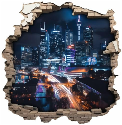 Samunshi® Wanddeko Wandriss mit Hochhäusern bei Nacht Fenster in andere Welt Portal Wallart Wandtattoo für Wohnzimmer Küche Wandaufkleber Wandsticker 30 x 30cm