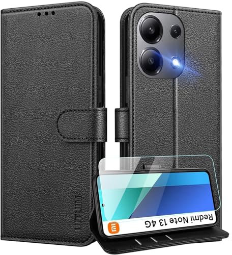 UITUIM Handyhülle für Xiaomi Redmi Note 13 4G (Nicht für 5G) Klapphülle Leder Hülle mit Glas Schutzfolie Flip Case Cover Klappbar Tasche Schutzhülle Handytasche für Redmi Note 13 4G,Schwarz