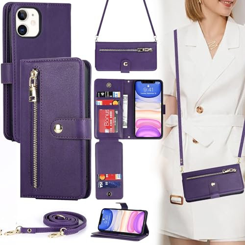 ELTEKER Coque pour iPhone 11, Étui à Rabat Portefeuille avec Sangle réglable, 6 Porte-cartes, Cuir Violet, Flip Case