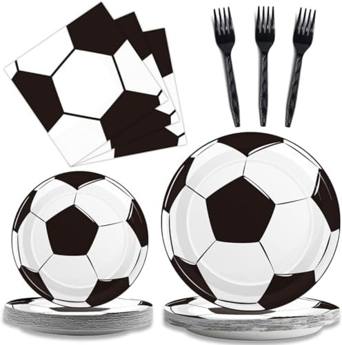 JUNBAOYYDS Football Vaisselle, Enfant Foot Theme Papier Vaisselle, Decoration Anniversaire Football, Decoration Anniversaire Football Vaisselle, Pour 10 Invités (Blanc)