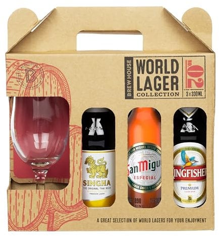 Brew House- World Lager Selection Gift Box, includes 3x330ml Lagers and Chalice Glass, Gift Set for Lager Lovers, Premium Packaging, for Him or Her, Mum or Dad, on Father's Day, Birthdays, Christmas