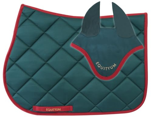 Satteldecke + Mütze Logo Equityum Sally, hohe Qualität, italienisches Design, innovative Materialien, Atmungsaktivität und raffinierte Details für den Komfort des Pferdes (grün/rot, cob)