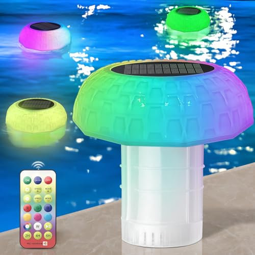 Qoolife Dosierschwimmer Pool für bis zu 4 Chlortabletten Solarlicht LED 7 Farben Pool Dosierer Chlorspender Pool Schwimmer mit Fernbedienung Einstellbar Faltbar Chlortabletten Dosierer
