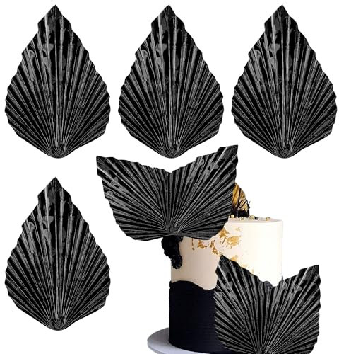 Xsstarmi 4 Pack Paper Palm Fan Cake Topper Palm Leaf Fan Cake Pick Insert Palm Spear Leaves Fan DIY Cake Decorations for Wedding Bridal Shower Birthday Anniversary Party Supplies Colorful Black