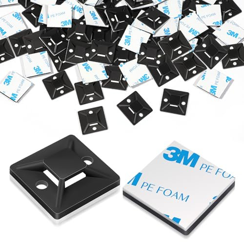 100 Pcs Cable Tie Mount 30 x 30mm, Sticky Cable Tie Pads Black Cables Ties Base, Self Adhesive Cables Clips Set for Home Office Garage and Workshop
