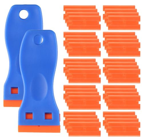 2 Window Scraper with Blades, Glass Scraper for Windows, Plastic Scraper Tool Non Scratch, Ceramic Hob Scraper with 180 Plastic Razor Blades for Car Stickers Labels Remover Paint Cleaning Scraper