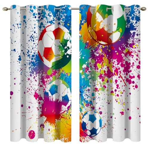 goodbath Fußball-Vorhänge für Schlafzimmer, Sprort Soccer Verdunkelungsösen, wärmeisoliert, Fensterbehandlungen, 2 Paneele für Wohnzimmer, Kinderzimmer, Jungen, Mädchen, Weiß, 117 x 138 cm