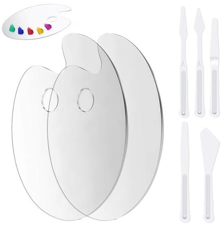 SGERUFZ 2 Pcs Tavolozza Acrilica Trasparente per Pittura Artigianale Fai-da-Te 15 × 25cm Ellisse con 5 spatole di plastica