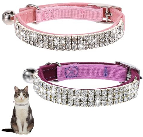 2 Stück Katzenhalsband mit Sicherheitsverschluss, Halsband Katze Mit Glitzersteinen Und Glöckchen Verstellbar Halsbands Weiches Katzen Halsbands 18-19 cm Für Alle Hauskatzen