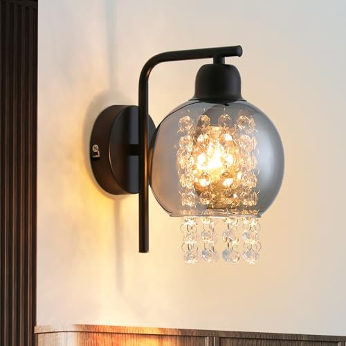 ZMH Wandleuchte Innen Wandlampe Vintage - Rauchgrau Glaskugel Flurlampe E27 Retro Wandbeleuchtung 1 Flammig Glas Kristall Design für Bett Flur Wohnzimmer Treppenhaus(Ohne Leuchtmittel)
