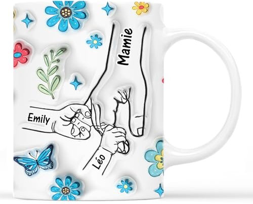 Cadeau Plus Mug Personnalisé Prénom - Mamie Maman Tenant Les Mains - Cadeau Mamie, Tasse Personnalisée Maman, Cadeaux pour maman, Mug grand mere (Modèle #6)