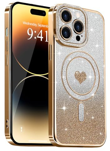 Lafunda Magnetic for iPhone 14 Pro Case Glitter, Gold | Compatible with Magsafe, Luxury Plating Sparkle Cute Heart Pattern Case for Women Girls, Glossy Soft TPU Shockproof Cover