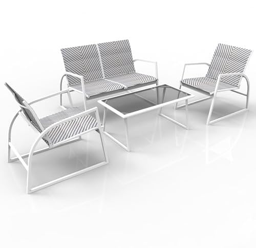 RANSENERS 4-Teilig Gartenmöbelset Kompakt Sofagarnitur - Stabiler Metallrahmen mit Polyrattan Sitzfläche Balkonmöbelset für Garten Terrasse und Balkon - Weiß