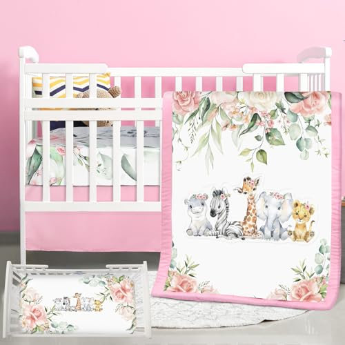 Hahafelt 3-teiliges Baby-Bettwäsche-Set für Kinderbett, Safari-Tiere, Dinosaurier, Bär, Waldtiere, Dschungel, Kinderbett-Set mit Steppdecke, Spannbetttuch, Rock für Babys, Jungen, Mädchen (Rosa