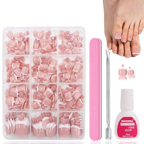 French Fake Toe Nails - 240PCS French Press on Nails for Toe - Short Square False Toenails Kit With Glue - Nude Pink French Tip Stick on Toe Nails - Full Cover Acrylic Toenails for Women DIY Nail Art